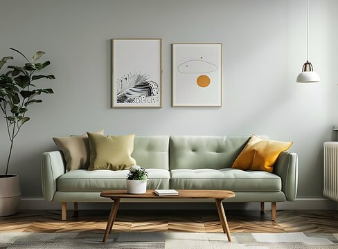 Scandinavian interior design of a modern living room at home with elegant personal accessories, a light green sofa and a wooden rustic table in a minimal style and a colorful plant