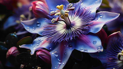 A mesmerizing shot of the intricate blooms of a Passion Flower, its exotic beauty set against a solid and vibrant background