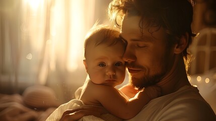 Young father with his newborn baby girl in nursery living room at home. Parent holding child daughter son in hands, lifestyle parenting fatherhood moments - obrazy, fototapety, plakaty