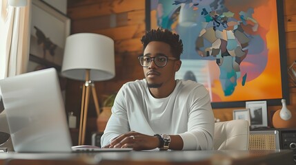 Happy confident african american black man manager work from fome, career success entrepreneur marketing finance engineer emplyee, diversity in the workplace.