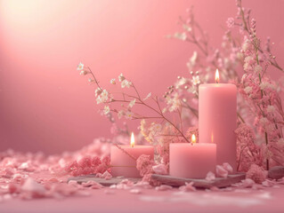 Valentine background romantic Pink flowers with Candle Light, Wedding invitation background, Mother's Day gift concept