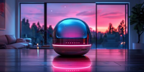 Futuristic 3D render of a high-tech, AI-powered beauty device with a sleek, metallic design and holographic skin analysis display