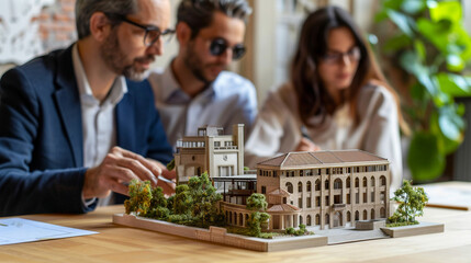 A real estate consultant presenting a tiny, perfectly detailed model of a historic renovation project, emphasizing the preserved architectural elements, in a meeting with potential investors.