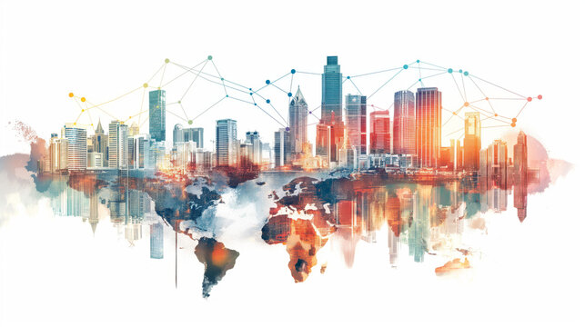An artistic representation blending a bustling city skyline with vibrant connections of global network overlaid on a world map