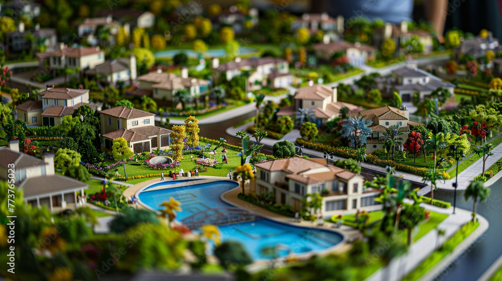 Sticker a real estate agent showcasing a miniature model of a gated community, with small replicas of homes,