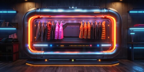 Obraz premium Futuristic 3D render of a high-tech, AI-powered clothing rack with a sleek, metallic design and holographic, customizable fashion suggestions