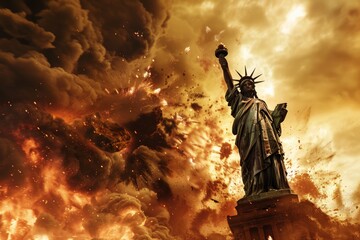 Fictional illustration of New York under attack, Statue of Liberty in Fire - demolished city in smoke and flames - obrazy, fototapety, plakaty