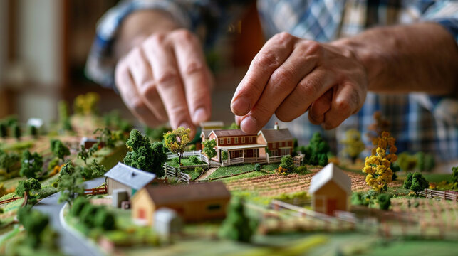 A real estate agent using a detailed miniature model of a farmstead with outbuildings and land, to illustrate rural living benefits to city dwellers seeking a change, in a country living fair.