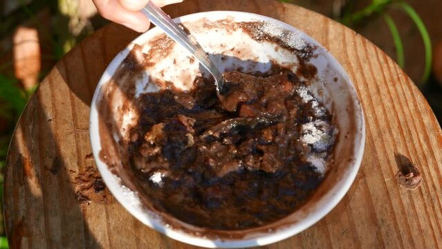 A bean stew bowl. POV: person eating a plate of feijoada (cooked bean stew). Person eating baked beans in the sun. Someone eating feijoada (boiled beans) with a spoon. Plate of beans, top view.