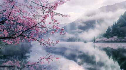 quiet lake in the mountain surrounded by beautiful nature scenery, Cherry blossoms blooming near the lake Foggy, cloudy sky	

