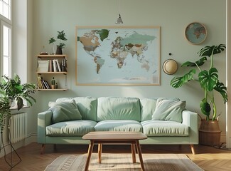 Scandinavian style interior of a living room with a light turquoise sofa, wooden table, and a map on the wall in a minimalistic home decor