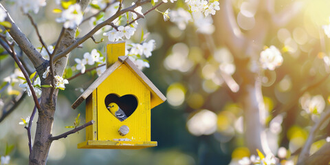 Close-up of a wooden birdhouse with heart-shaped entrance with bird inside, hanging on branch, on background a spring sunny forest with blurred flowers in sunlight
