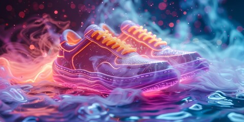 Surreal 3D render of a whimsical, floating shoe display with gravity-defying, iridescent sneakers and a swirling, rainbow-hued background