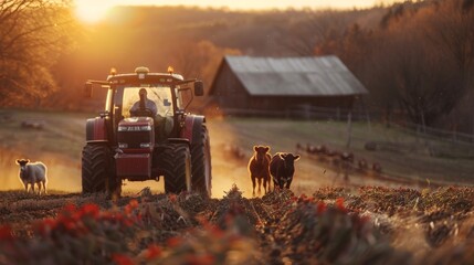 A bustling farm with farmers tending to crops and livestock - obrazy, fototapety, plakaty