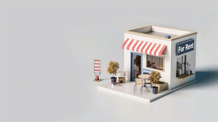 A minimalist 3D model of a tiny urban apartment with "For Rent" signage, set on a pure white background.