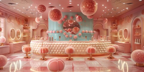 Whimsical 3D render of a fantastical, candy-colored cosmetics counter with oversized, lollipop-like makeup brushes and playful, confetti-shaped beauty products - obrazy, fototapety, plakaty