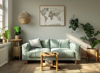 Scandinavian style interior of a living room with a light turquoise sofa, wooden table, and a map...