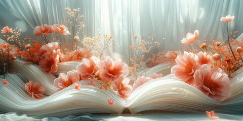 Whimsical 3D render of a fantastical, oversized book display with blooming, flower-like pages and playful, petal-shaped bookmarks - obrazy, fototapety, plakaty