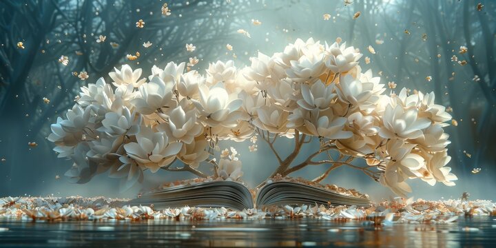 Whimsical 3D render of a fantastical, oversized book display with blooming, flower-like pages and playful, petal-shaped bookmarks