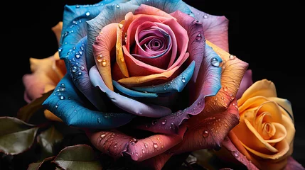 Keuken spatwand met foto An artistic capture of the vibrant and rare Rainbow Rose, its multicolored petals standing out against a plain backdrop © SHAN.