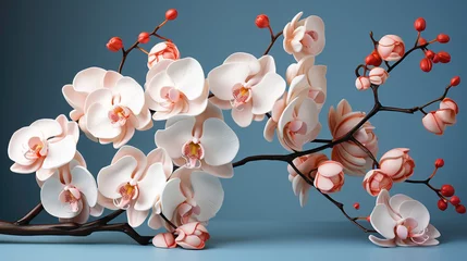 Zelfklevend Fotobehang A mesmerizing photograph featuring the intricate details of a Moth Orchid, its graceful blossoms against a soft and solid background © SHAN.