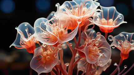 A close-up shot of the ethereal Ghost Pipe flower, its translucent beauty highlighted against a...