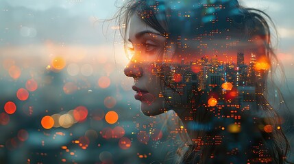 Double exposure abstract portrait of a cute young woman digital transformation concept - Powered by Adobe