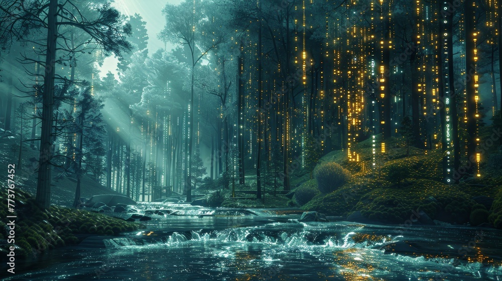 Poster a digital forest where data streams flow like rivers