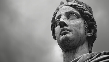Black and white close-up of a classical statue, showcasing intricate details against a moody cloudy sky - obrazy, fototapety, plakaty