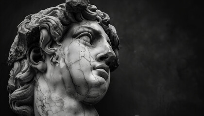 Black and white close-up of a classical marble statue showcasing a male figure, with a focus on intricate hair details and texture