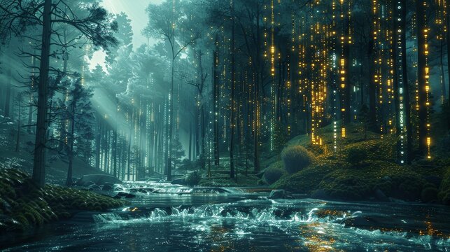 A digital forest where data streams flow like rivers