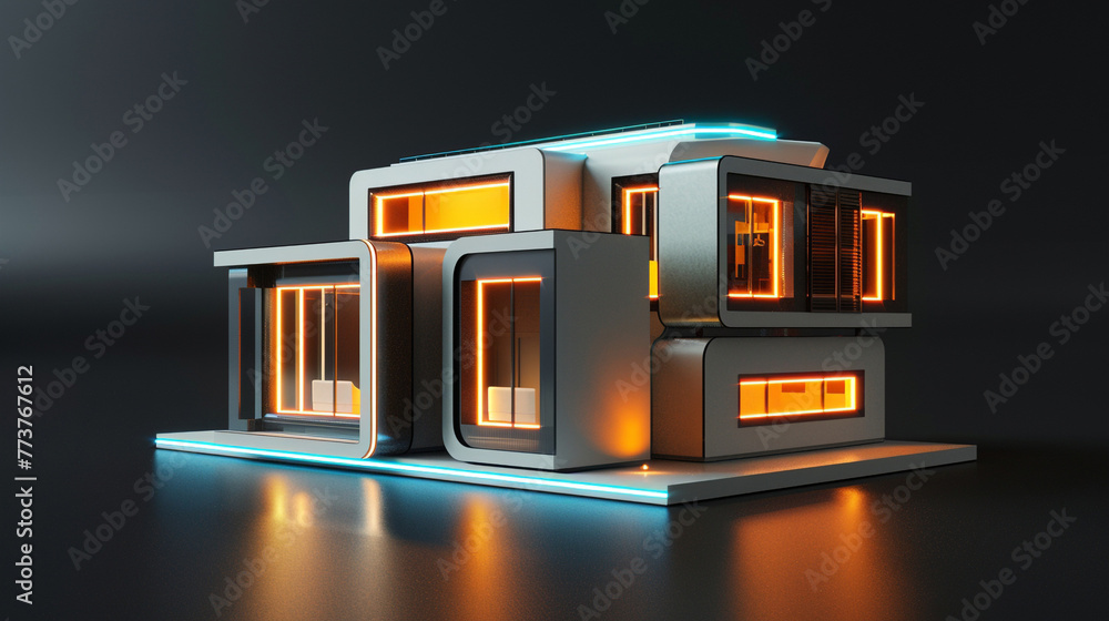 Poster a futuristic 3d max miniature house, with glowing windows and an energy-efficient design, showcased 