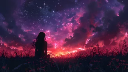Papier Peint photo Lavable Aubergine Anime girl stargazing. Cute girl looking at the night sky. Atmospheric, moody feeling. Manga, lofi style. Sad beautiful background. 4K night. With clouds and stars.