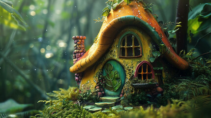 A fantasy-themed miniature house resembling a mushroom, with vibrant colors, tiny windows, and a door shaped like a leaf, set in an enchanted forest scene.