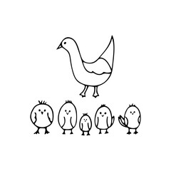 Cute chickens with mother hen for easter design. Black line doodle little birds. Hand drawn clip art illustration in doodle style for poster, banner, print, greeting card. Isolated on white back.