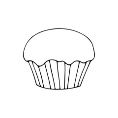 Cute single hand drawn doodle cupcake, muffin without decoration. Vector illustration in simple minimalistic style. Element for greeting cards, posters, stickers and seasonal design. Isolated on white