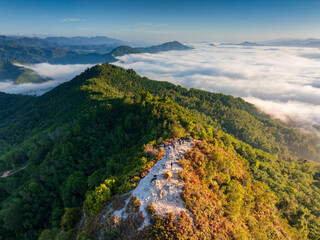 Beautiful morning Sunrise and Fog flow over mountain in Ai yerweng, Yala, Thailand