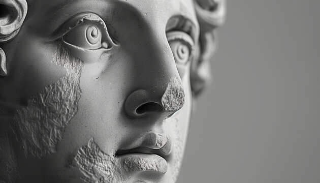 Black and white detailed texture close-up of a classical statue's expressive face