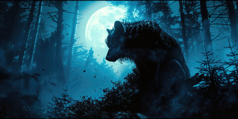 Portrait of aggressive, hairy Werewolf showing sharp teeth growling in the moonlight over a full moon shining on a dark scary mystery foggy forest tree background