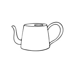 Cute single hand drawn water can for gardening. Watering can for plants in garden.Black line simple doodle vector illustration. Isolated on white background.