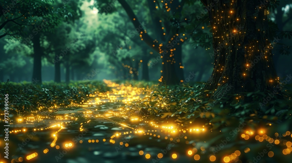 Poster a network of glowing pathways in a surreal forest