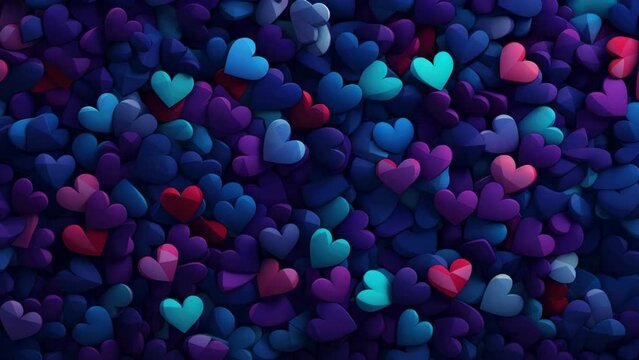 A large collection of blue and purple hearts are scattered across the image