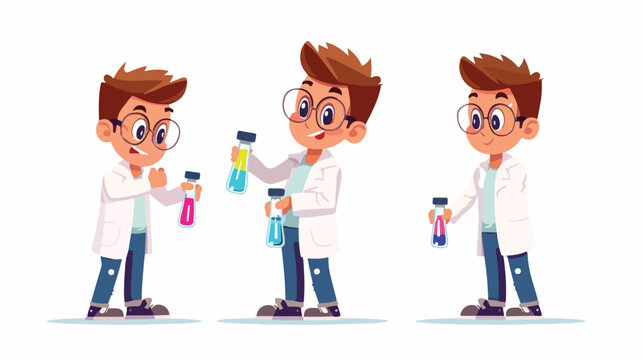 Cartoon boy scientist holding test tubes flat vector isolated