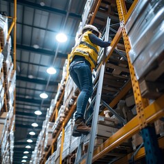 Determined Worker Climbing Ladder in Modern Warehouse for Career Advancement and Growth