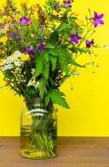 Bright colorful bouquet of small yellow wild flowers, bluebell, tufted vetch, stems in jar on background. Floral texture
