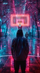 A contemplative man analyzing his opponents on a neon-illuminated street basketball court - obrazy, fototapety, plakaty