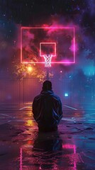 A contemplative man analyzing his opponents on a neon-illuminated street basketball court - obrazy, fototapety, plakaty