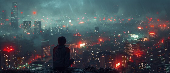A dejected man overlooking a cityscape at night, feeling isolated and sorrowful