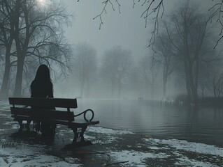 A woman weeping on a park bench on a foggy day, portraying deep melancholy - obrazy, fototapety, plakaty