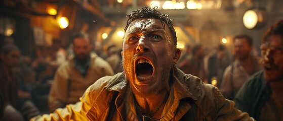 An inebriated man yelling in a crowded bar, with faces of concern around him